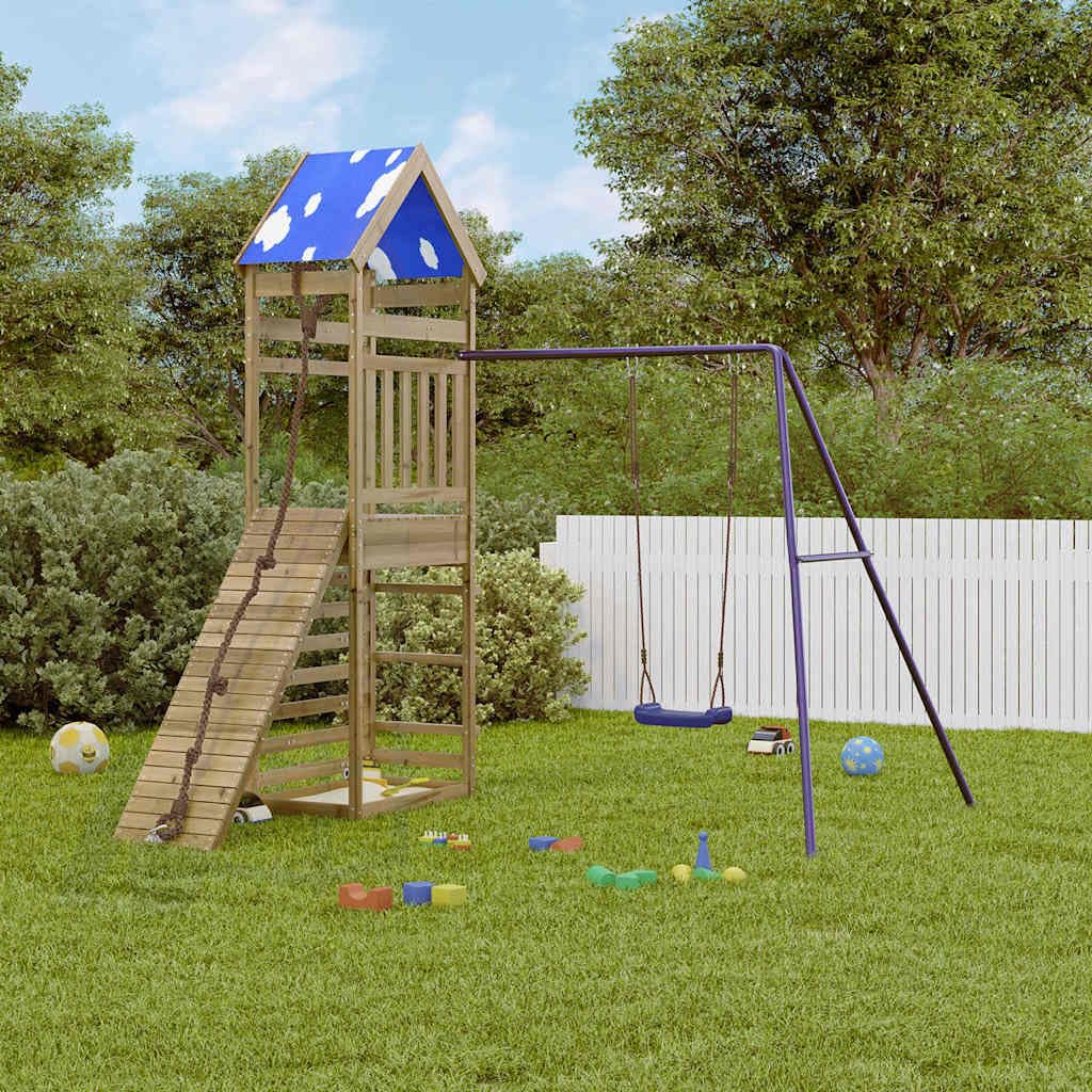 Set de juego exterior para niños de madera de pino con torre y columpio