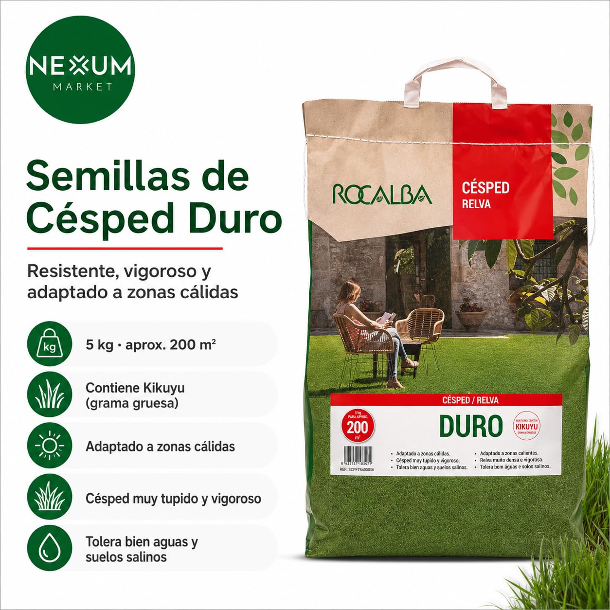 Semillas De Césped Con Kikuyu Duro Saco 5 kg – Resistente Pisoteo, Sequía y Agua Salina, Bajo Mantenimiento, Zonas Secas, Suelos Difíciles y Jardín Mediterráneo, Cobertura Hasta 200 m² | Nexum Market