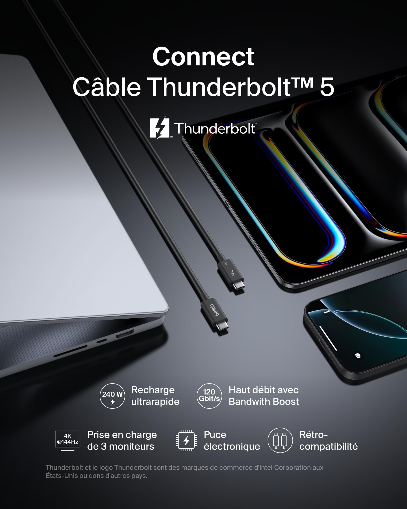 Image secondaire de Câble Thunderbolt 5 USB-C Belkin - 1m, 240W, 120 Gbit/s, 4K UHD