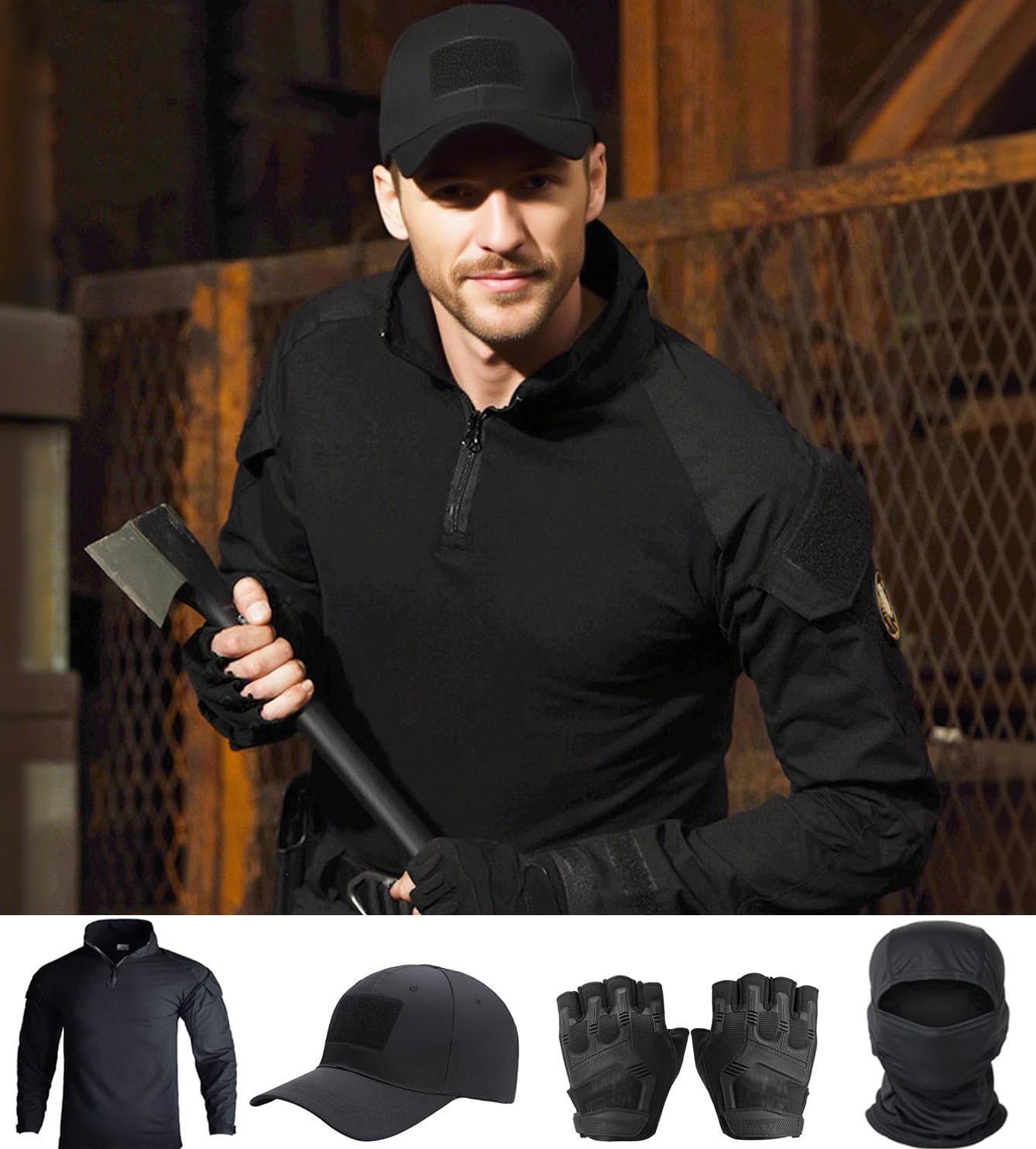 Mens Tactical Camo Shirt,Long Sleeve Combat Shirt,Cap Gloves Balaclava and 1/4 Zip Military Top Airsoft Gear