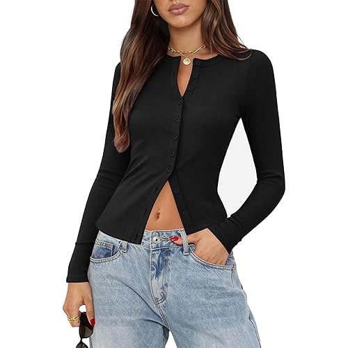 Gleenat Womens Ribbed Long Sleeve Going Out Tops Button Down Up Cardigan Sweaters Lightweight Regular Length Cute Cardigan