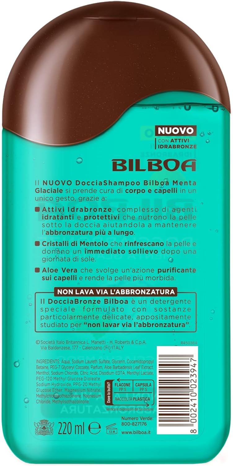 12X Bilboa Docciabronze Menta Glaciale 250ml – Docciashampoo Corpo e Capelli – Rinfrescante, Idratante, Non Lava Abbronzatura, Con Attivi Idrabronze – Uso Quotidiano, Dermatologicamente Testato
