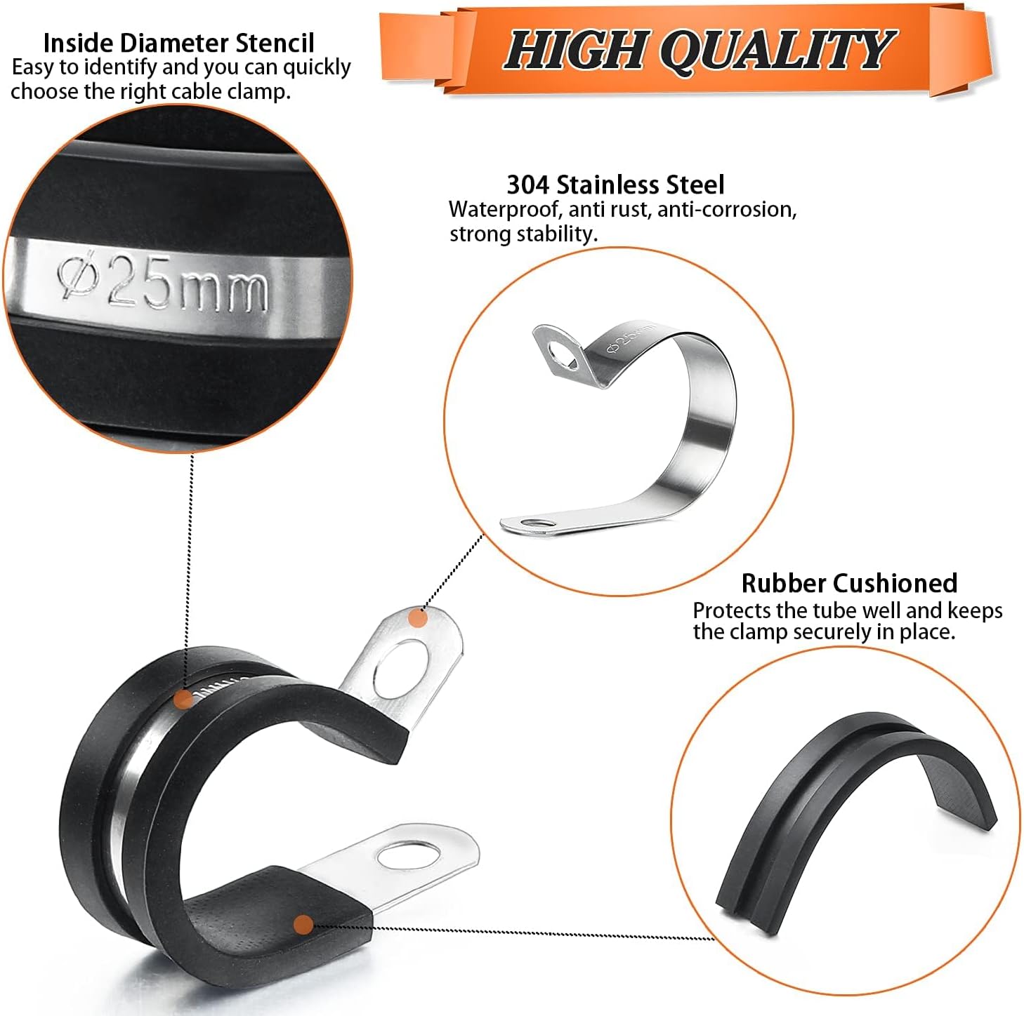 44PCS Cable Clamps Assortment Kit, Camtek Stainless Steel Rubber Cushion Pipe Hose Clamps Rubber Cushioned Fuel Line Hose Water Pipe Air Tubing - 5 Sizes 1/4'' 5/16'' 3/8'' 1/2'' 5/8''