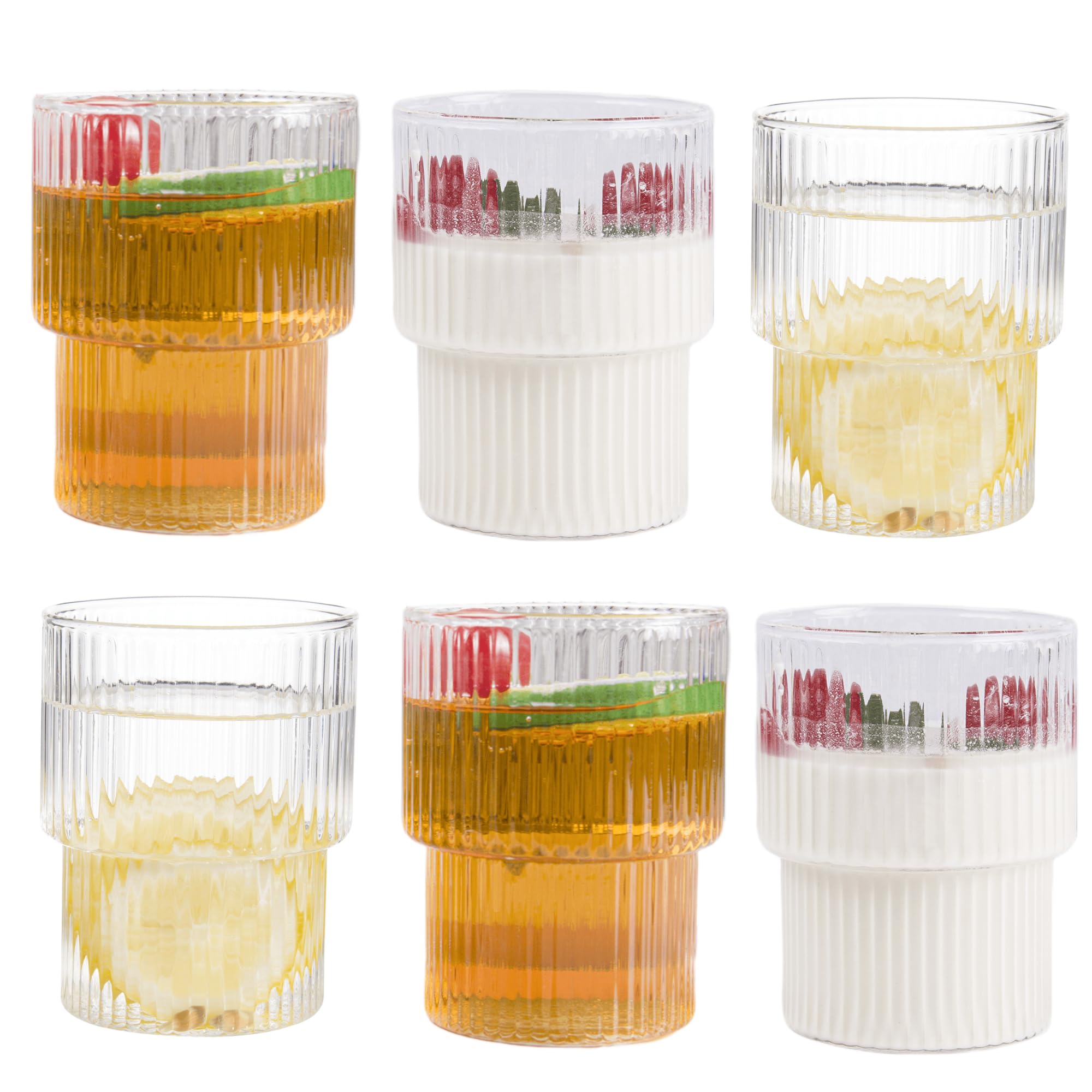 WeirdUncle Set Of 8 Ribbed Glassware,4 Highball Glasses 14oz & 4 Rocks Drinking Glasses 9oz, Green, Origami Style, Fluted Design, For Milk, Water, Cocktail, Juice, Beer, ToothBrush Cup, Gift