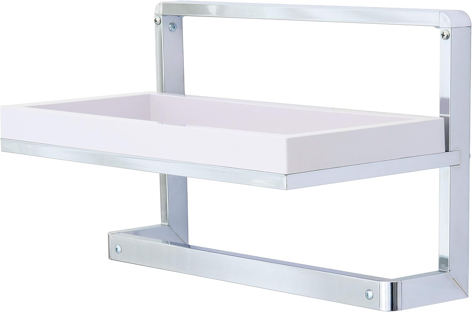 Danya B. HA80581 Bathroom Accessories and Décor – Wall Mounted Chrome Towel Rack and Shelf with Removable White Tray