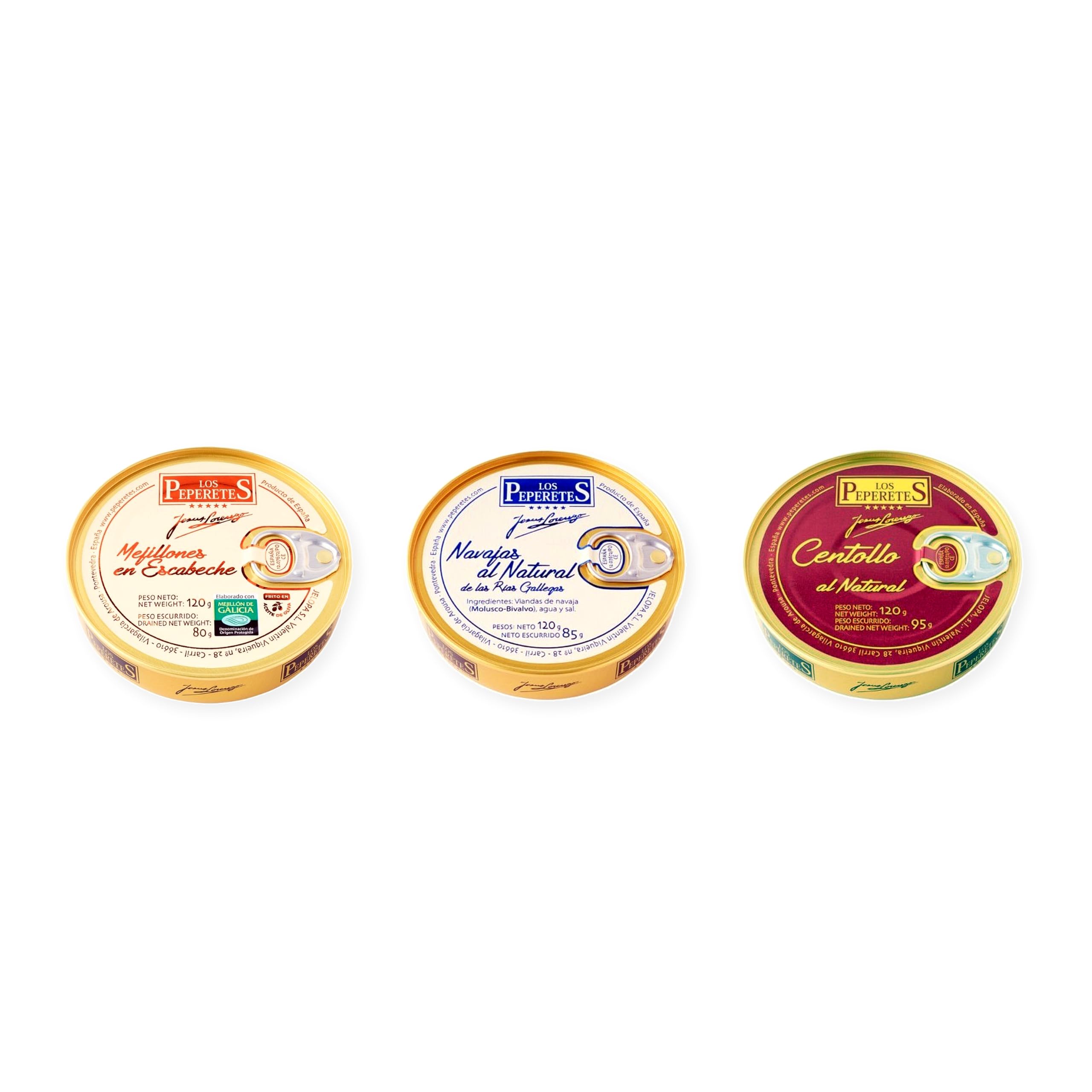 los peperetes conservas Mejillones Escabeche 10-12, Navajas Natural y Centollo Natural pack 3 latas