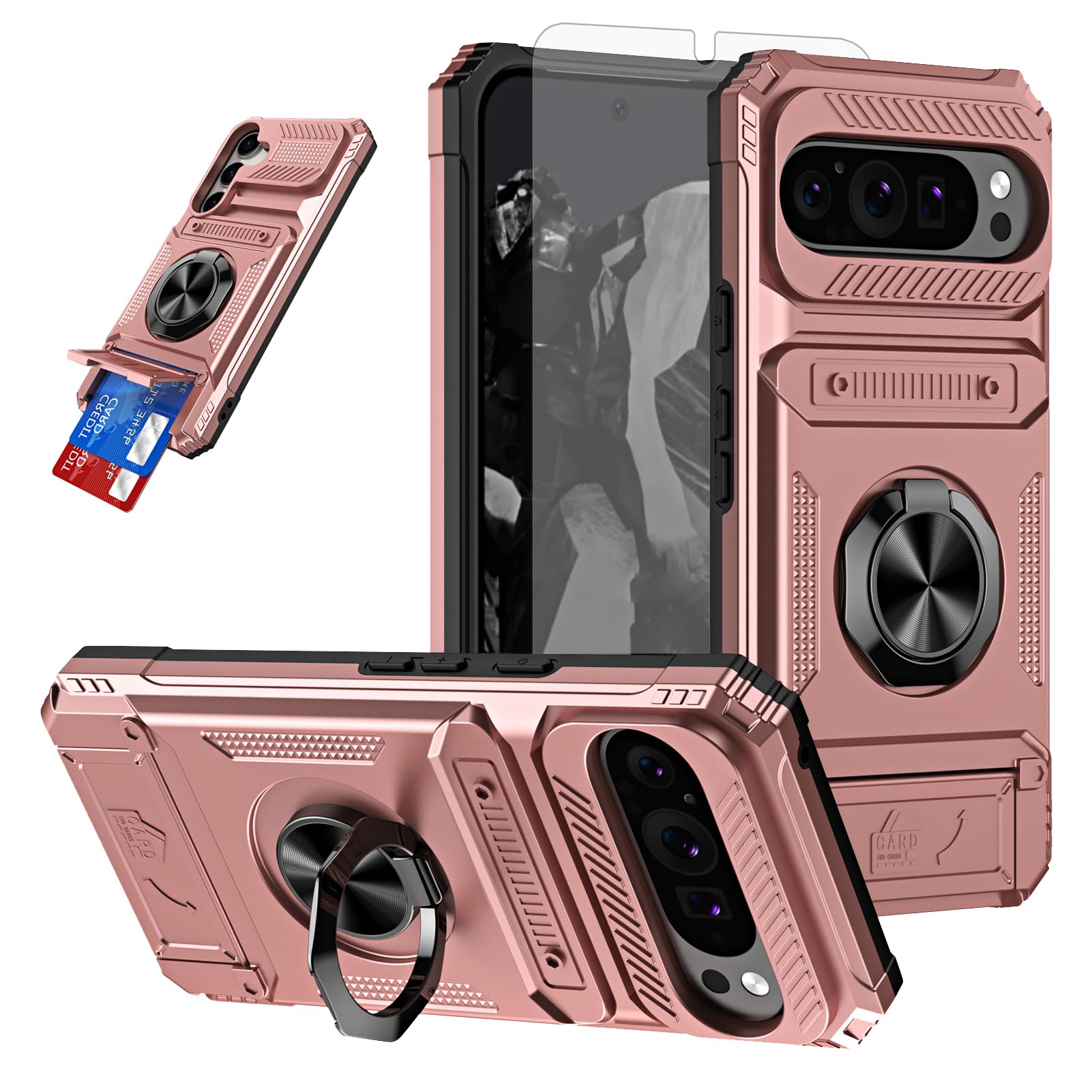 Furiet Phone Case for Google Pixel 9 Pro XL with Tempered Glass Screen Protector Card Slots Ring Stand Shockproof Silicone Bumper Hybrid Two Layer
