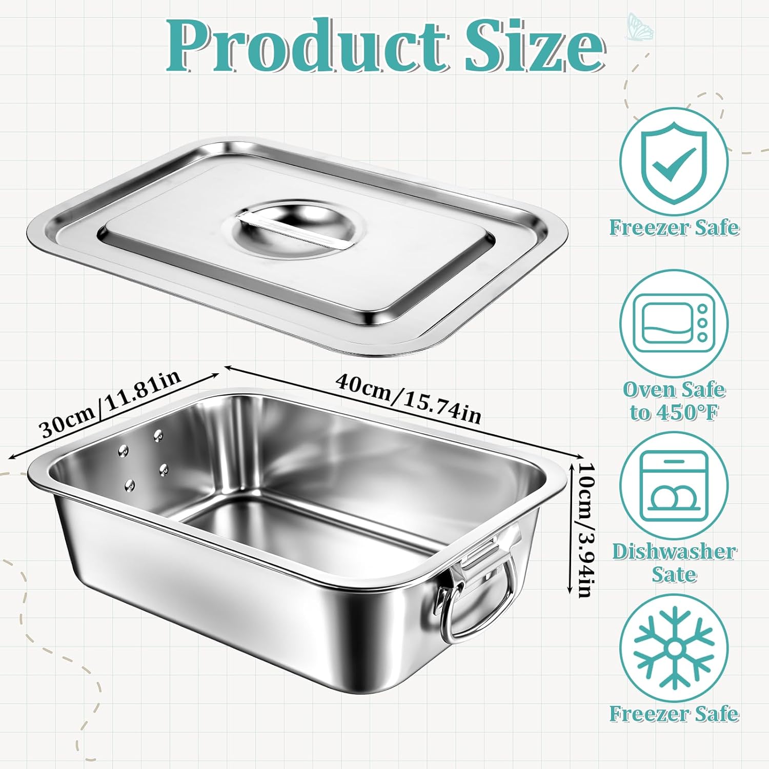 4 Inch Extra Deep Lasagna Pan with Lid and Handles, 15.7x11.8 Inch Stainless Steel Large Baking Dish Tray, Nonstick Lasagna Baking Thick Metal Roasting Pan for Casserole Brownie Turkey