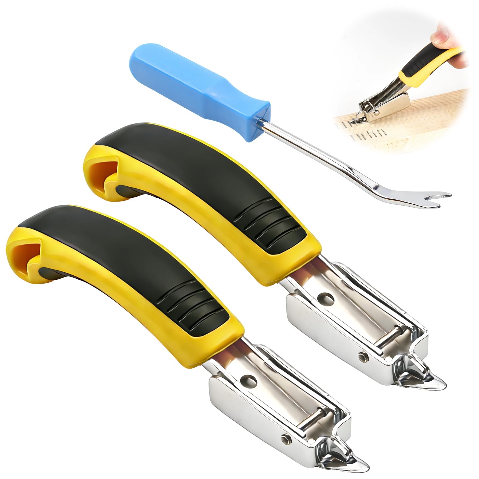 Staple Remover Set with 2 Puller Tool and U Tip Fastener Remover, Upholstery Tool and Tack Lifter for Wood, Furniture Repair, Carpet, DIY and Office