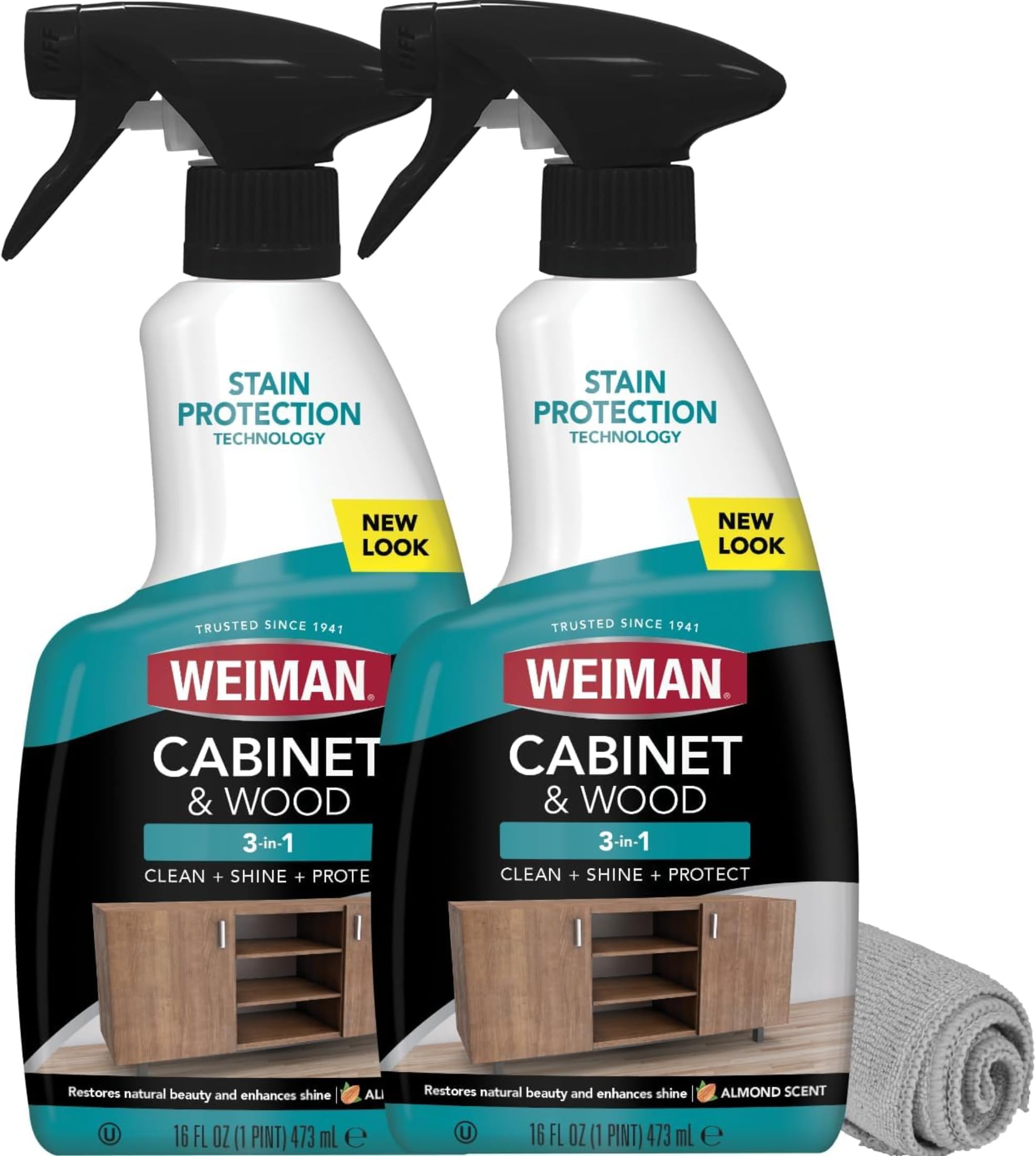 Weiman Cabinet & Wood Cleaner Spray | Cleans, Shines & Protects | Streak-Free Formula | Wood Cabinets, Furniture, Tables, Trim & Baseboards with Microfiber Towel | 16 oz (473ml) | Pack of 2