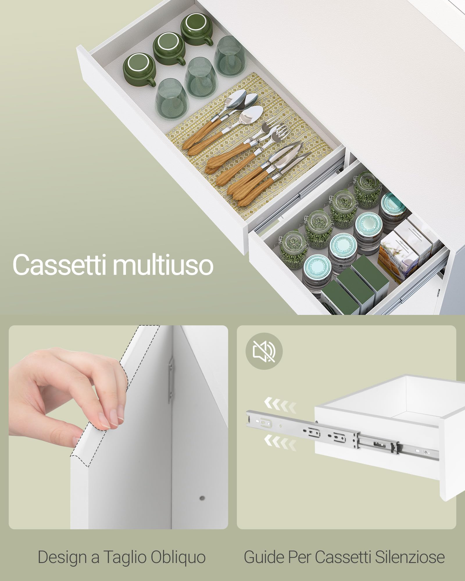 Hzuaneri Credenza Cucina Alta, Credenza Soggiorno, con Multipresa e Striscia Luminosa a LED, Ampia Superficie di Lavoro, Ripiani Regolabili, Cucina, Soggiorno, 40 x 100 x 180 cm, Bianco PT00203XEU