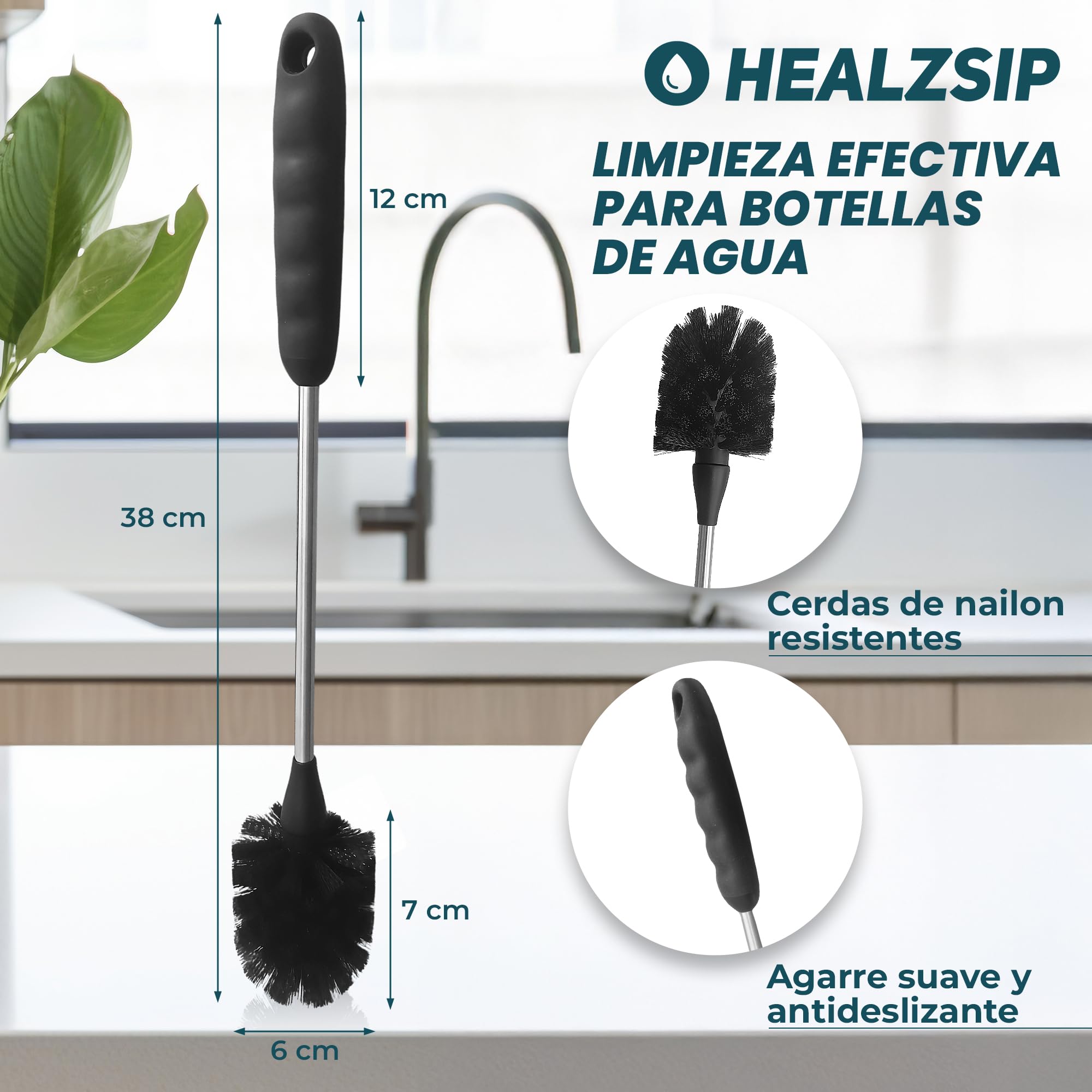 Cepillo de Limpieza para Botellas y Biberones - Mango de Plástico y Acero Inoxidable - Cerdas de Nylon Resistentes - Cepillo para Limpiar Botellas y Recipientes de Vidrio o Plástico