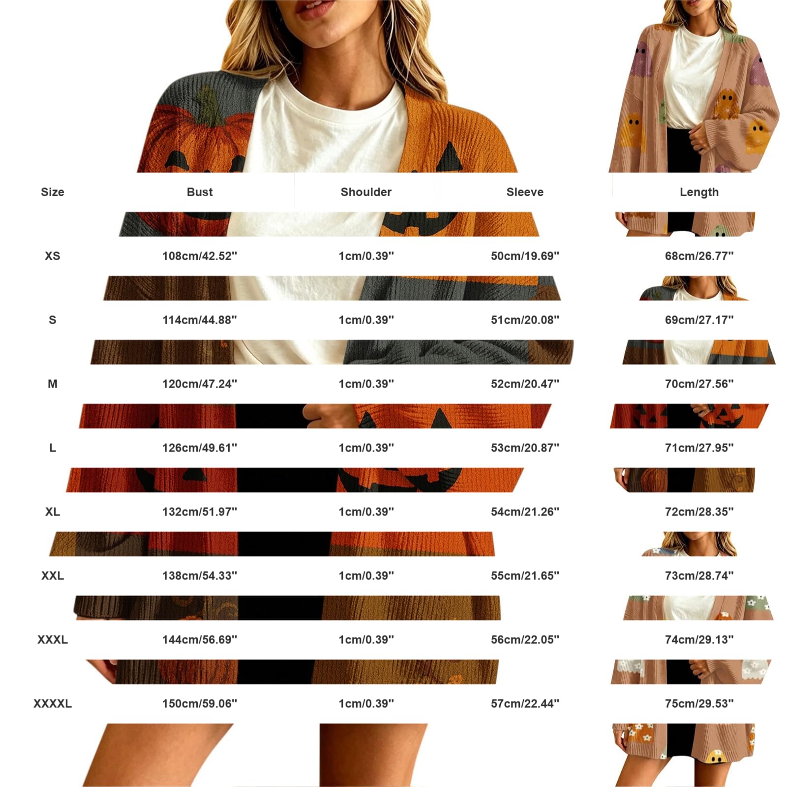 Cardigan autunnale da donna a blocchi di colore con zucca, aperto sul