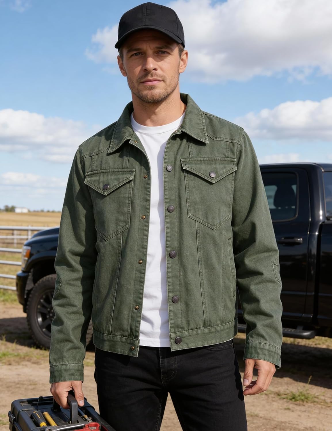 Flygo Mens Flannel Lined Denim Jacket Snap Cowboy Cut Western Classic Slim Fit Vintage Heavy Duty Jacket Trucker Coat