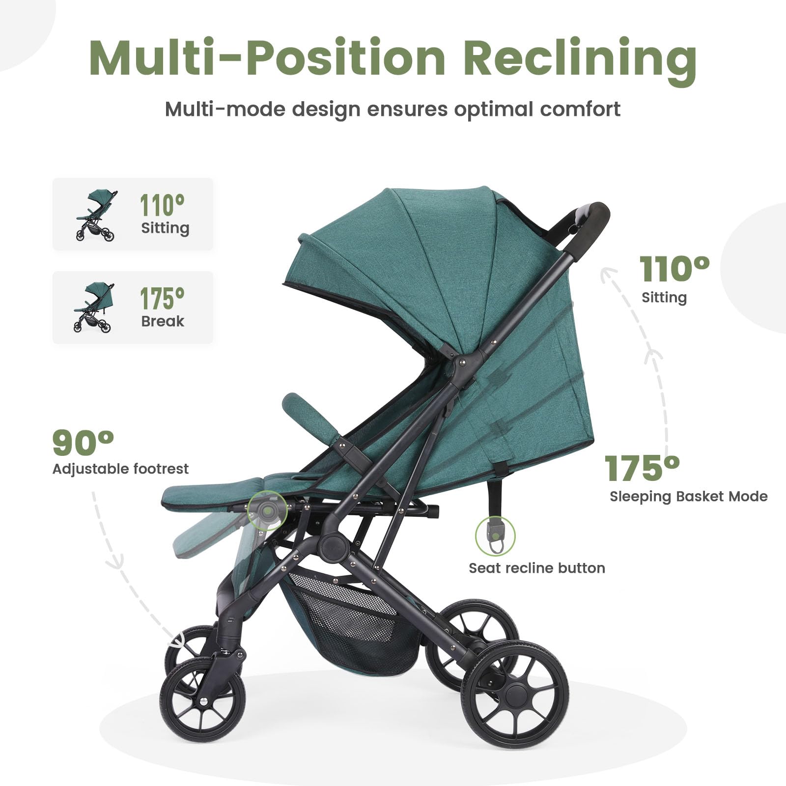 Cochecito de paseo plegable para niños, cinturón de seguridad regulable de 5 puntos, plegable con una mano, capota grande, robusto amortiguado todas las 4 ruedas, asiento espacioso, cesta de la compra