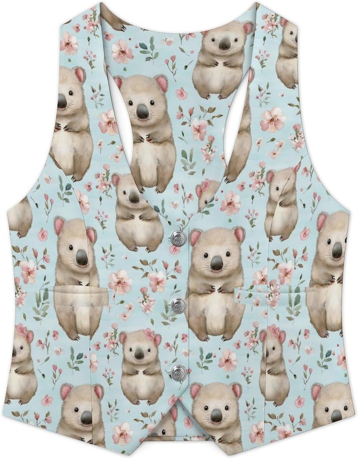 Cute Wombat And Flowers Pattern Women's Tuxedo Waistcoat Suit Vest | 3 Button V-Neck Slim Fit Casual Sleeveless Top