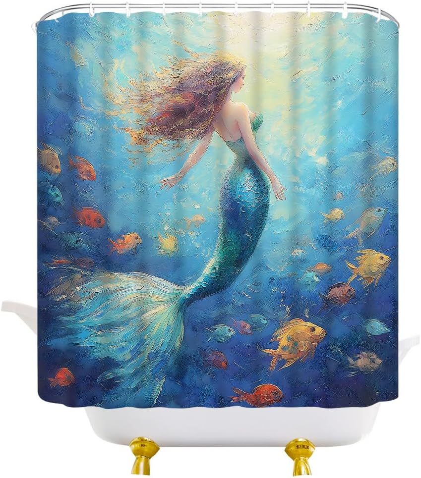 Blue Mermaid Shower Curtain Oil Painting Style Underwater Fish Aesthetic Ocean Fabric Bathroom Decor Curtains with Hooks, 70" Wx84 H