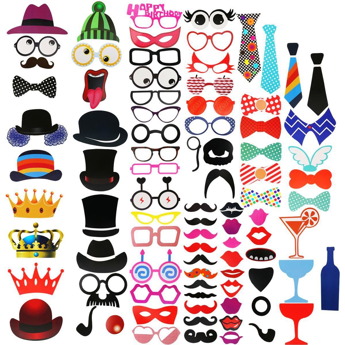 JZK 89x Party photo booth selfie props, mustache bow tie lips hat crown eyeglasses paper photobooth for birthday, wedding decorations, baby shower, graduation, christening