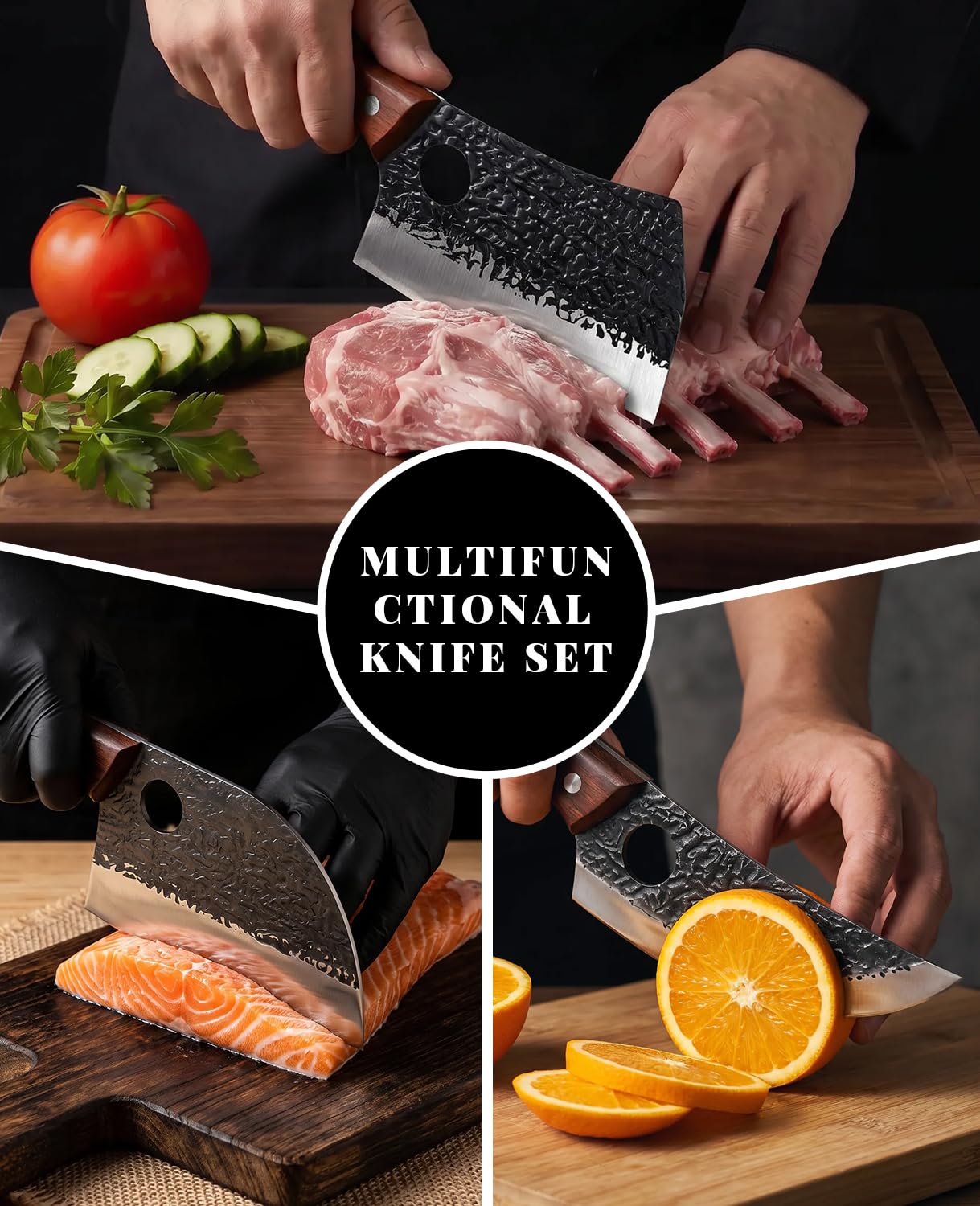 MOSFiATA Set 3 Coltelli da Macellaio, Insieme di Coltelli Serbi in Acciaio ad Alto Tenore di Carbonio per Carne, Dotato di Pratica Borsa Porta Utensili Portatile, Regalo Perfetto per Ogni Occasione