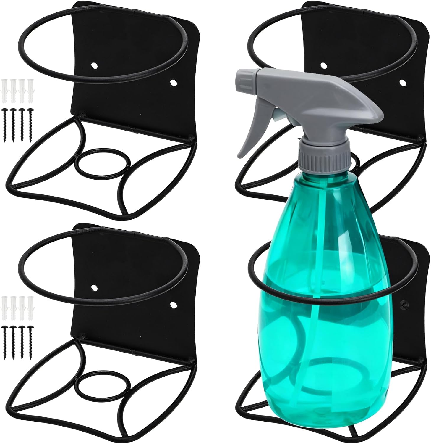 Okllen 4 Pack Spray Bottle Holder, Heavy Duty Metal Wall Mount Spray Can Holder for Garage, Workshop, Craft & Kitchen Bottle Storage Rack, Easy Install with Hardware, Black