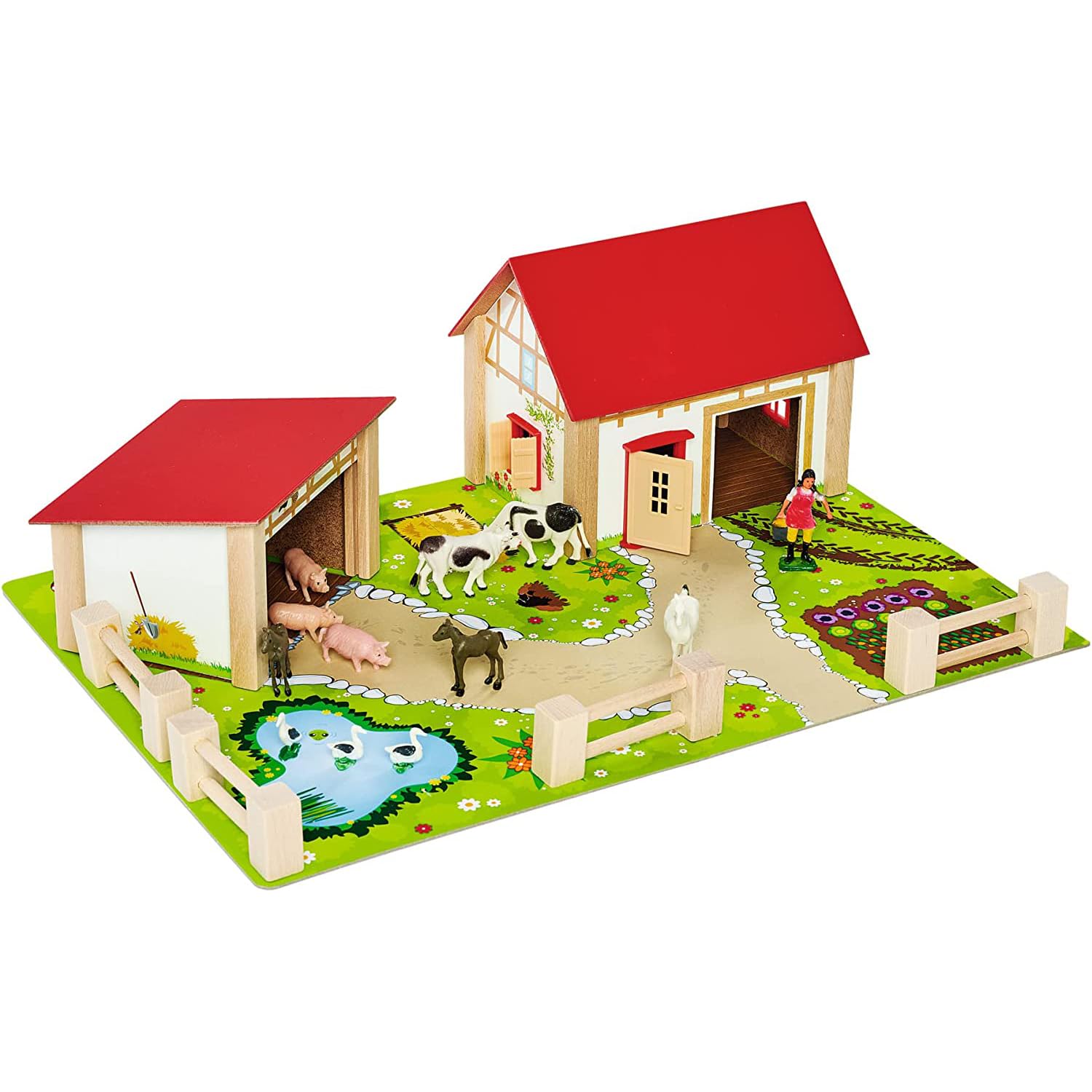 Eichhorn Bauernhof 100004309 - Bauernhof bestehend aus 2 Gebäuden, Spielplatte, Figuren, Tiere, Zäune, 20 teilig, Größe 36x51cm, Buchenholz, für Kinder ab 3 Jahren