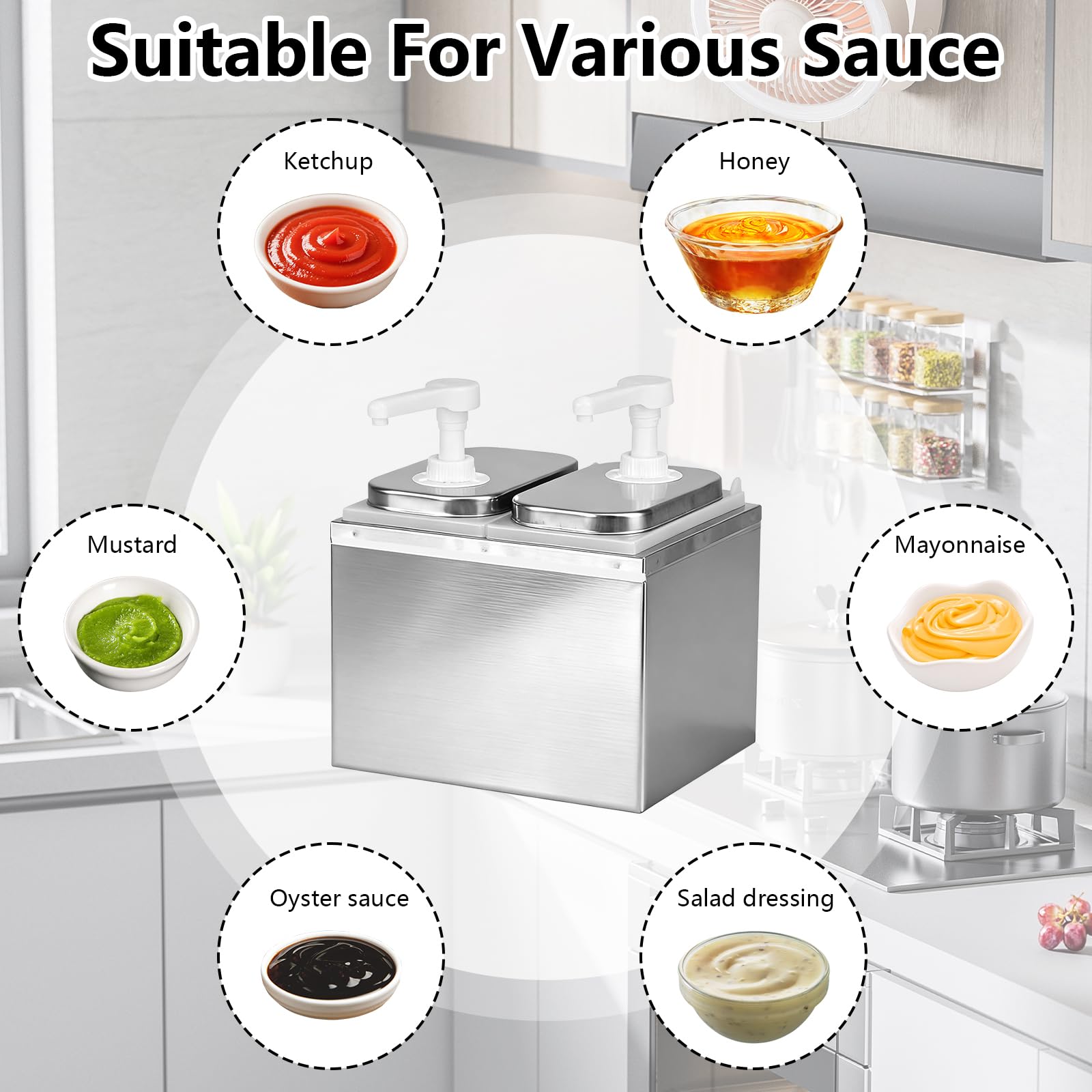 4L Saucenspender Pumpstation, Edelstahl 304 Ketchup Spender 2 x 2L Gastro Soßenspender Lebensmittelecht, Fördermenge 20ml pro Hub, für Ketchup Senf Saucen mit Partikeln bis 0,4cm Spülmaschinenfest