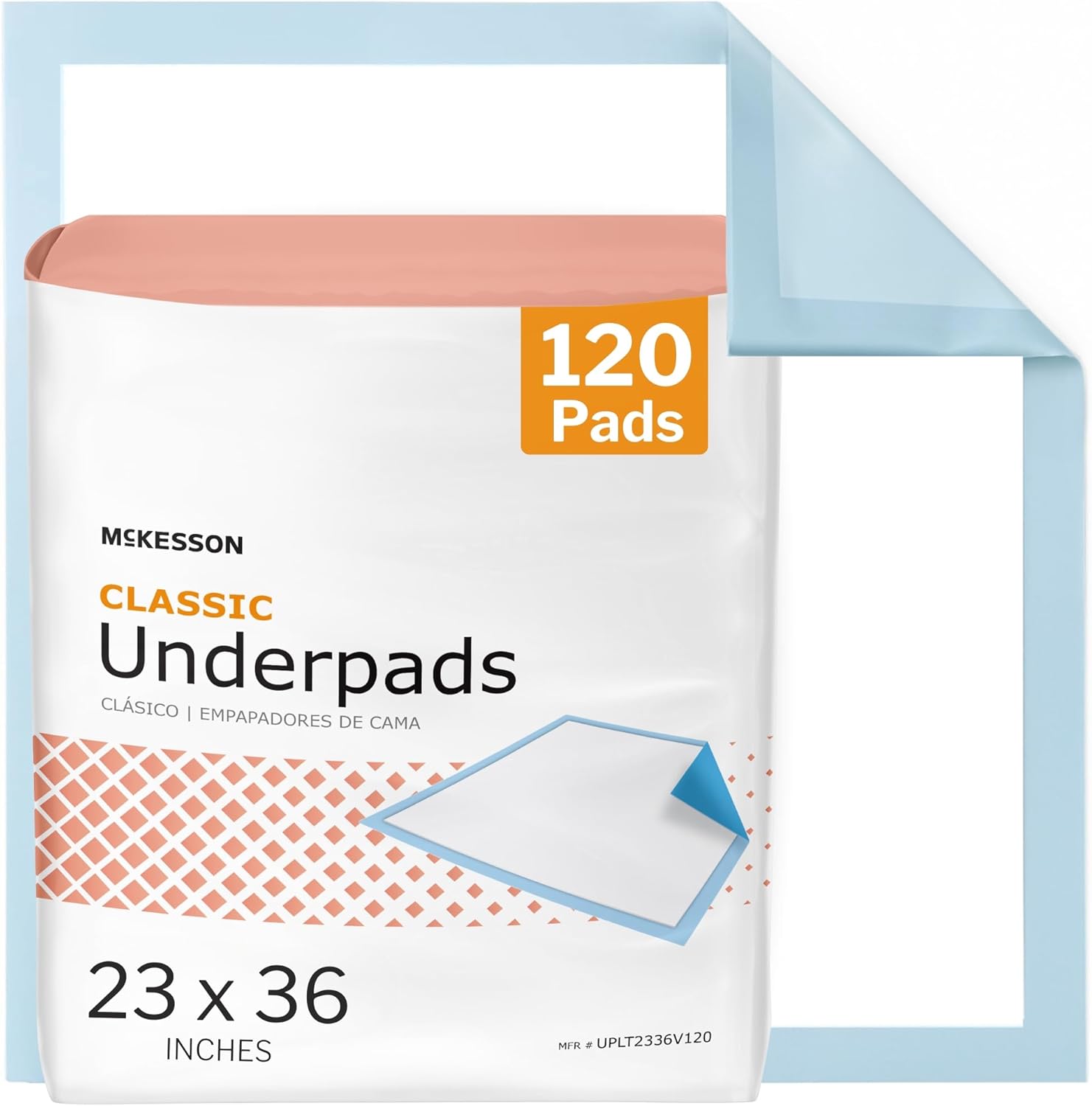 McKesson Classic Underpads, Incontinence Bed Pads 23" x 36" [120 Count], Light Absorbency, Disposable Chux Pads for Adults, Elderly, and Baby, Pee Pads