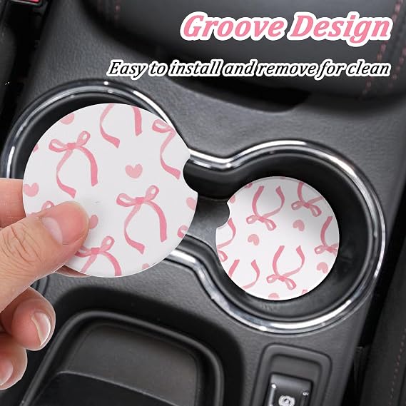 2PCS Pink Bow Car Coasters, 2.6 Inch Diameter Ceramic Coasters for Cup Holders, Cute Car Accessories & Decor for Women, Girly Cars Essentials for Anti Slipping with Finger Notch