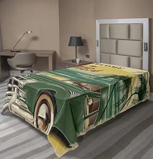 Ambesonne Retro Flat Sheet, Nostalgic Welcome to Cuba Print Classic Car Beach Ocean Palm Trees, Soft Comfortable Top Sheet Decorative Bedding 1 Piece, Twin Size, Green Cream Yellow
