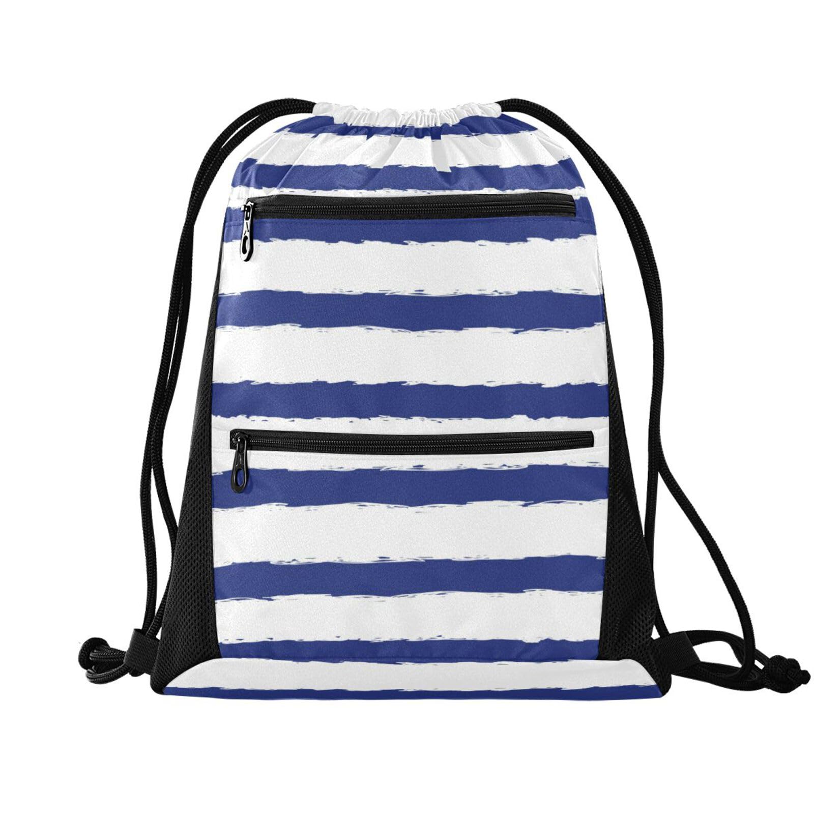 FRODOTGV Blue and White Marine Striped String Bag String Bag Outdoor Sackpack Sports Sports Sackpack with Mesh Pockets