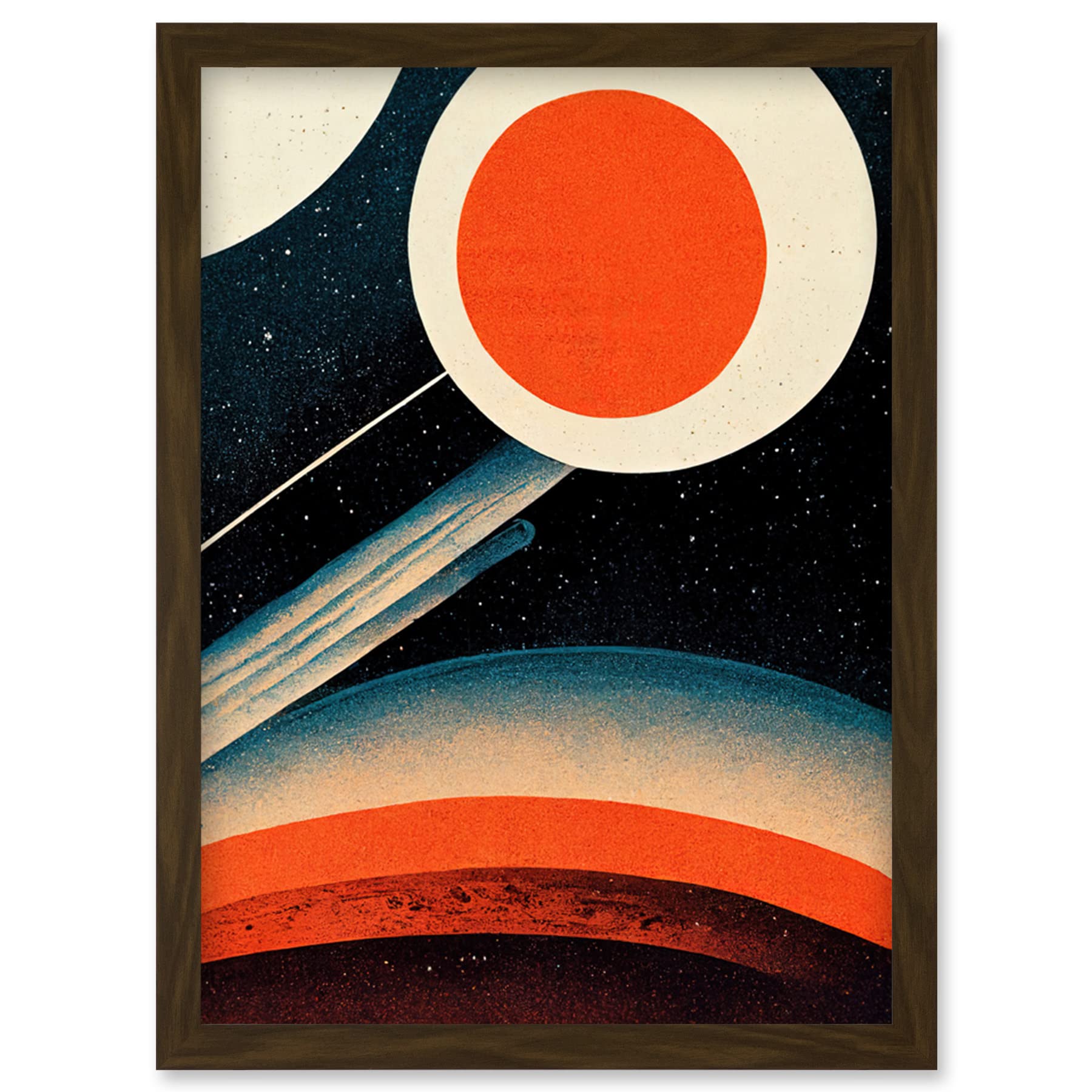 Wee Blue Coo Retro Boho Space Starscape Abstract Mid Century Style Navy Teal Orange Cream Artwork Framed Wall Art Print A4