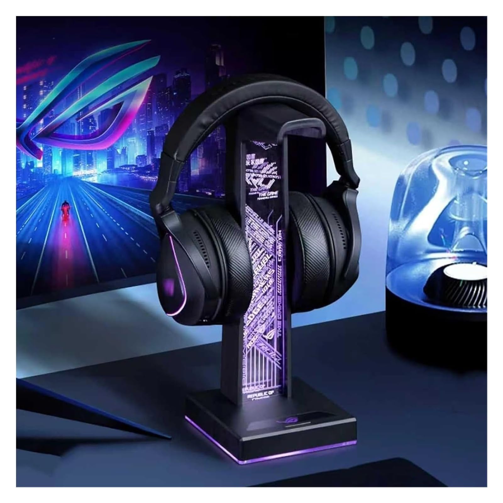 Générique Akrylowy uchwyt na słuchawki do gier, światło RGB z 10 trybami, złącze USB i audio 3,5 mm, praktyczny sprzęt biurowy dla mężczyzn, graczy i fanów muzyki (czarny)