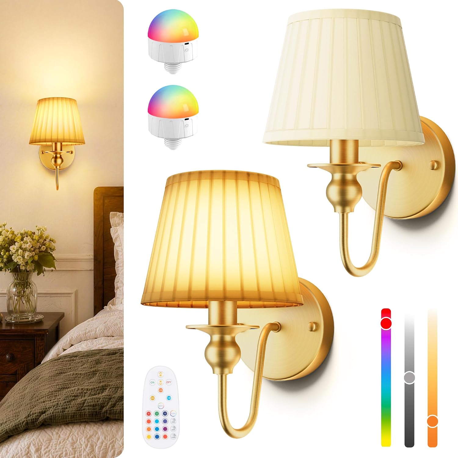 6000mAh Battery Operated Wall Sconces Set of 2, Gold, 10.6 Inch | Dimmable, 15 RGB, Renter Friendly, Rechargeable Magnetic Bulb, Remote, Cordless Wall Lamps for Bedroom Living Room Home Decor