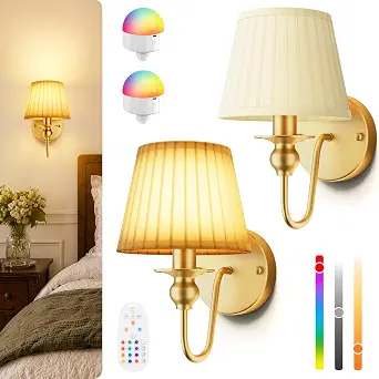 6000mAh Battery Operated Wall Sconces Set of 2, Gold, 15 RGB, 10.6 Inch, Rechargeable Magnetic Bulbs, Remote Control, Dimmable, LED Wall Lamps for Bedroom Living Room Kitchen