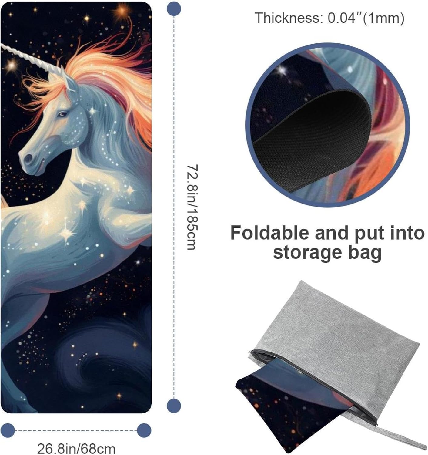 Yoga Towel, Galaxy Unicorn Pattern Non Slip Sweat Absorbent Hot Yoga Mat Towel for Hot Yoga, Pilates and Fitness - 72.8" x 26.8"