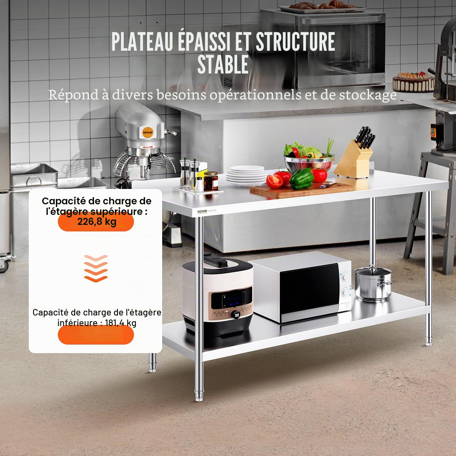 VEVOR Table de Travail en Acier Inoxydable 61x152,4x91,4 cm, Table de Préparation des Aliments Durable, Hauteur Réglable, Meuble de Rangement des Aliments, pour Cuisine Restaurant Bar Hôtel Maison