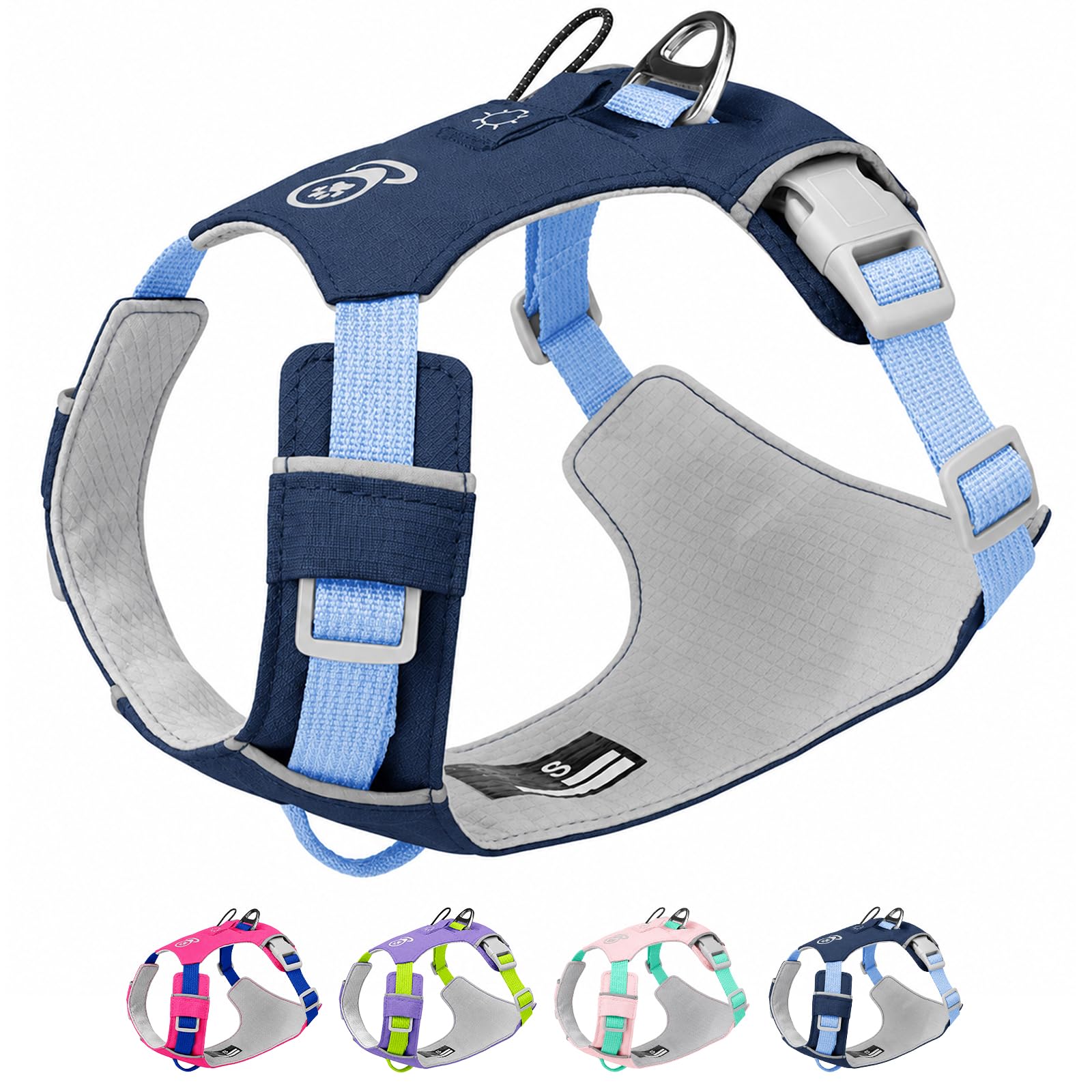 Anti Pull Dog Harness, Adjustable Soft Padded Pet Vest Harness with Reflective Strips, No Choke Breathable Comfortable Puppy Harness for Small Medium Large Dogs Outdoor Walking (Dark Blue, S)