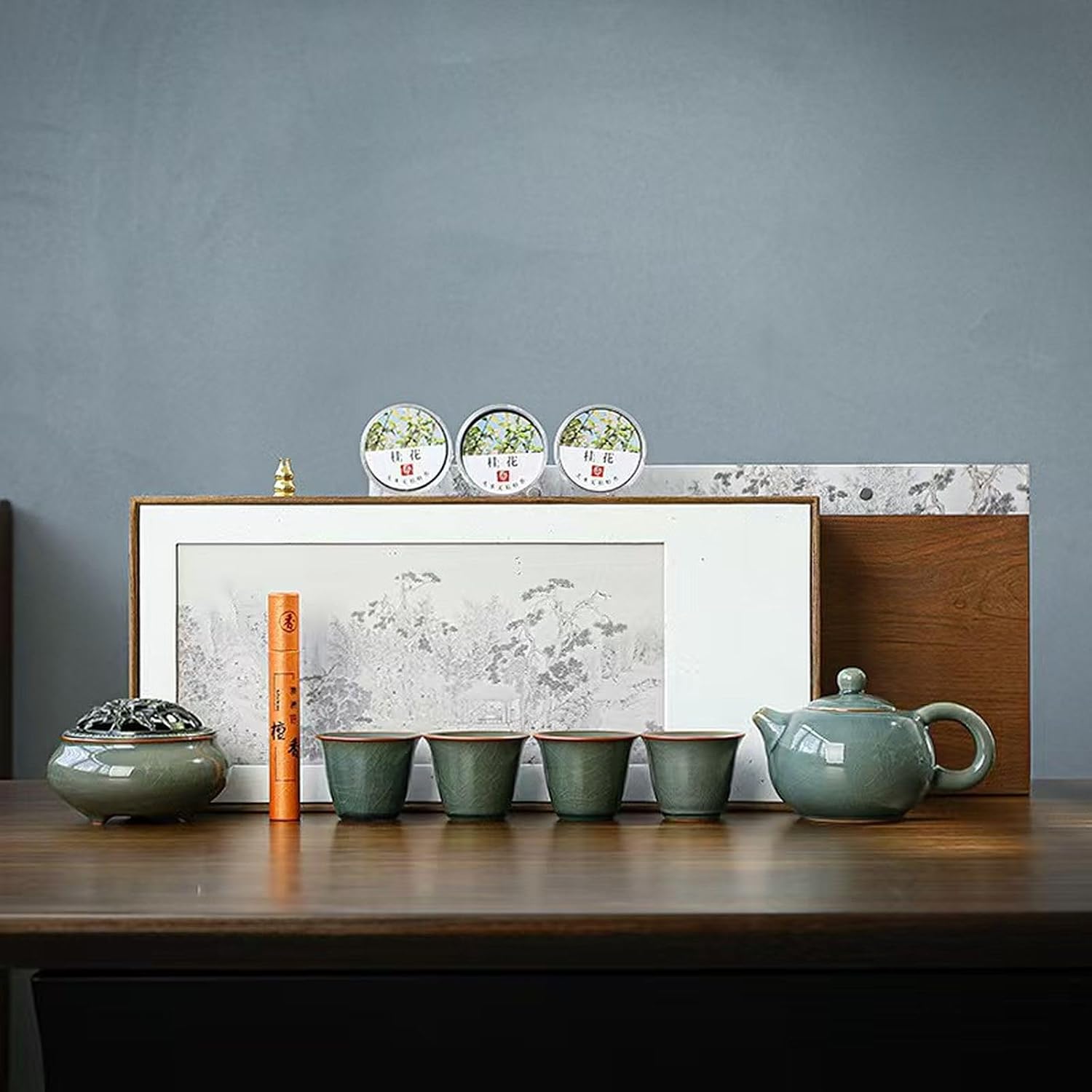 High Quality Chinese Tea Set Gift Box, KungFu Tea Set, Pure Hand Firing, witg Gift Box, Suitable as A Gift for Mother'S Day, Father'S Day, Birthday, Christmas (Incense Burner Included)