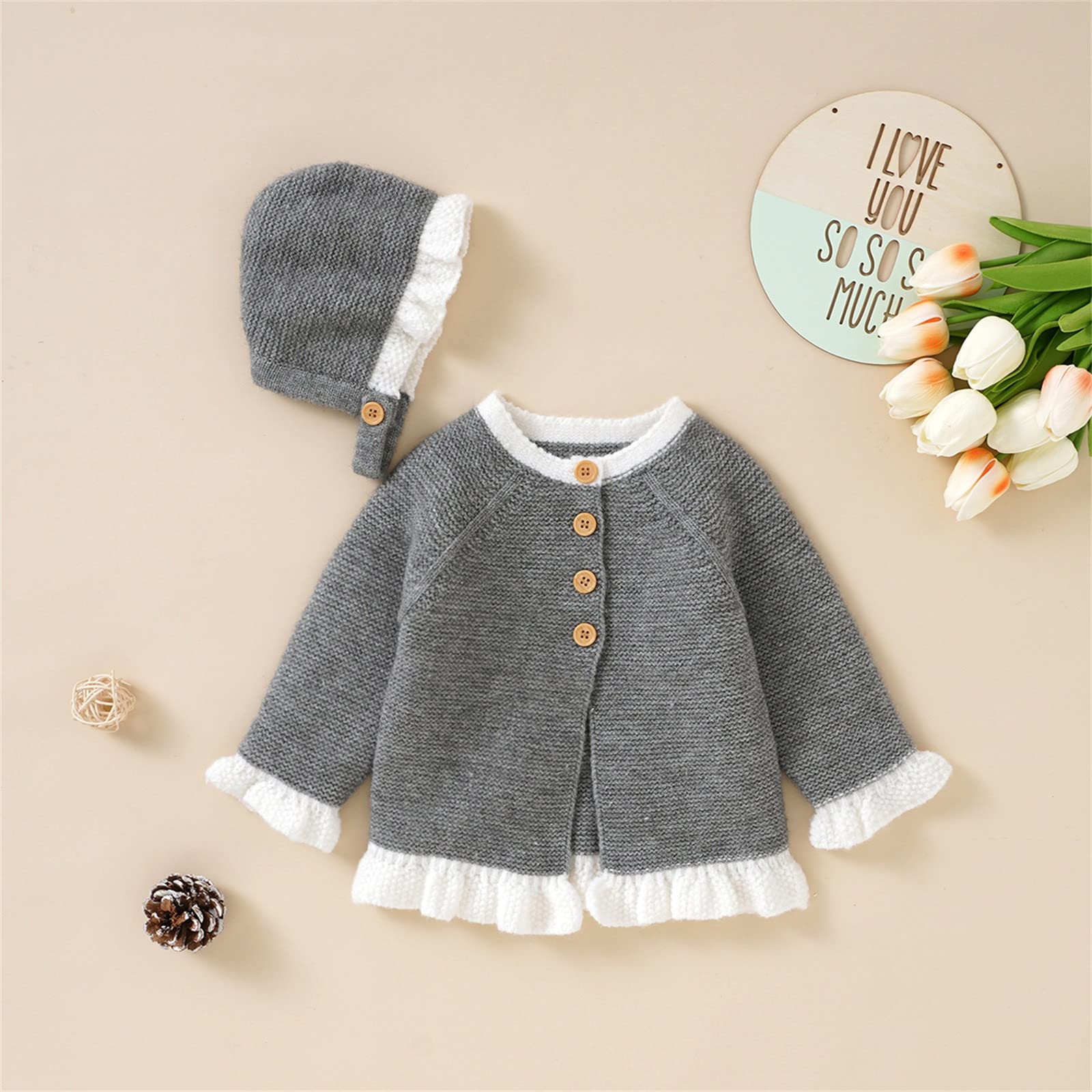 RNTOP Baby Girl Boy Sweater Cardigan Toddler Solid Color Knit Cardigans Long Sleeve Warm Knitted (Grey, 18-24 Months)