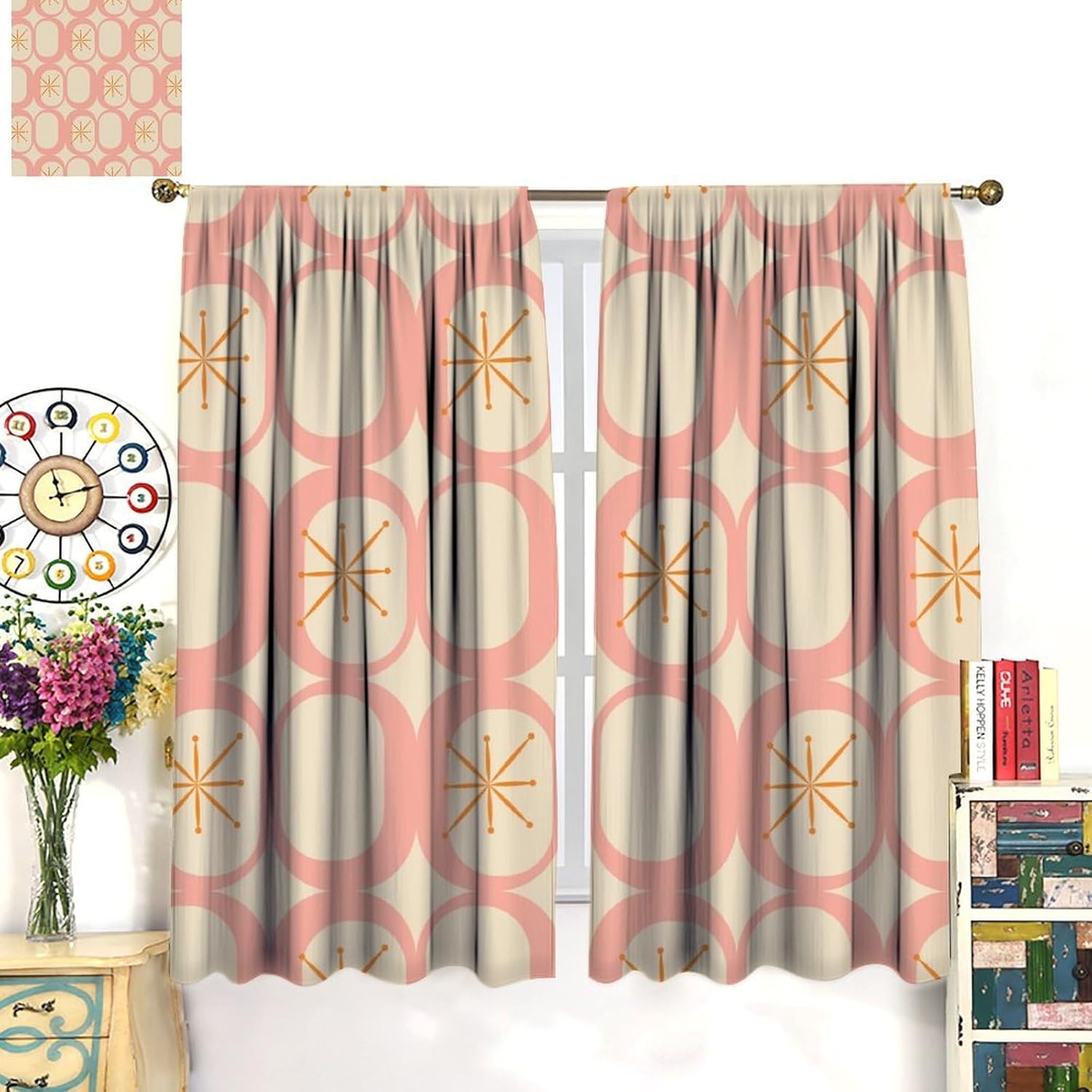 Retro 50s Curtains, Vintage Mid Century Aesthetics Modern Pink Beige Background Window Treatments, Rod Pocket Thermal Insulated Drapes for Bedroom Living Room, 84" W X 84" L