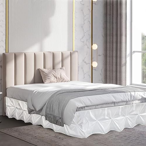 Miniatura 5 de Holawakaka Falda de cama blanca de tamaño matrimonial, faldas plisadas de 16 pulgadas de caída, falda de cama blanca de microfibra de alta calidad