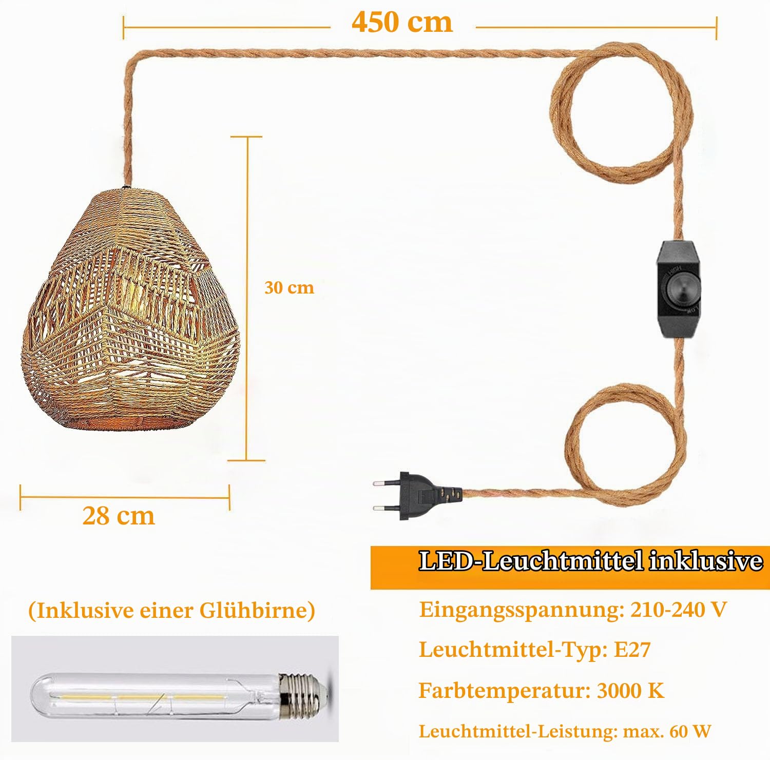 Pendelleuchte Kit mit Stecker Vintage Dimmbar Hängelampe Boho Rattan Lampe Plug in Hängeleuchte mit 4,5 Meter Seil Kabel E27 Handgewebte Lampenschirm Deckenleuchte für Küche Schlafzimmer Wohnzimmer