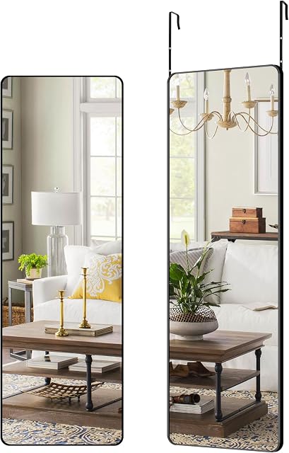 Leyden Over The Door Mirror, 48''x14'' Full Length Mirror Rectangular Wall Mounted Mirror Black Frame Mirror Hanging Behind the Door for Home Decoration, Bedroom,Living Room