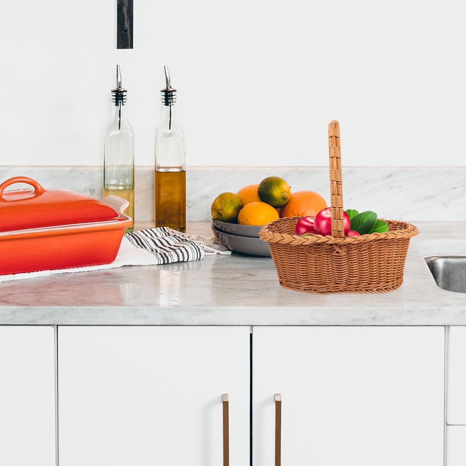 VANZACK Handheld Woven Picnic Basket Multi-Function Storage Basket Small Portable Camping Grocery Wear-Resistant Outdoor Fruit and Vegetable