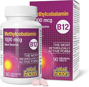 Natural Factors Vitamin B12 1000 mcg Methylcobalamin, 90 Sublingual Tablets, Quick Dissolve, Most Bioactive Form, Supports Formation of Red Blood Cells &amp; Healthy Immune Function, Proudly Canadian