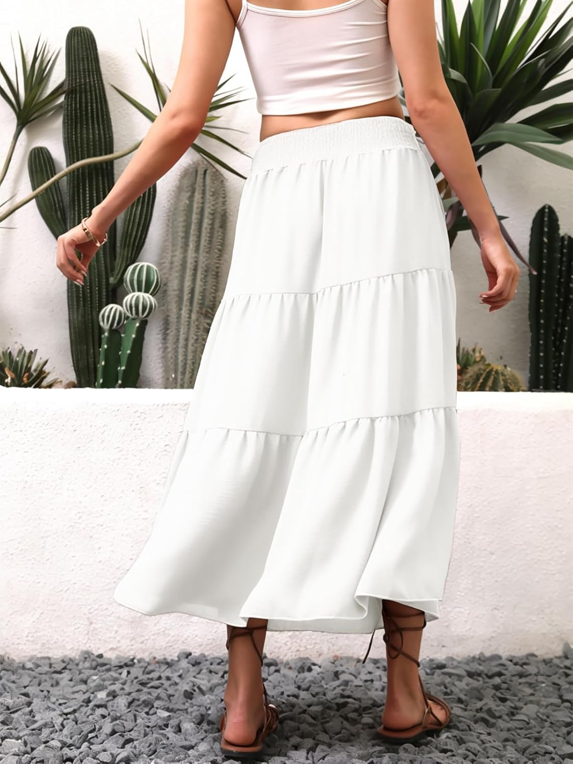 Womens Fall Boho Maxi Skirt Tie Knot Elastic High Waisted Trendy Flowy Beach Long Skirts with Pockets - Image 3
