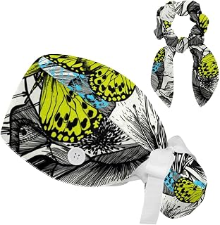FVQL 2 Pieces Surgical Cap for Long Hair Scrub Cap with Hairband Nurse Cap, Butterflies and Floral Flower Pattern