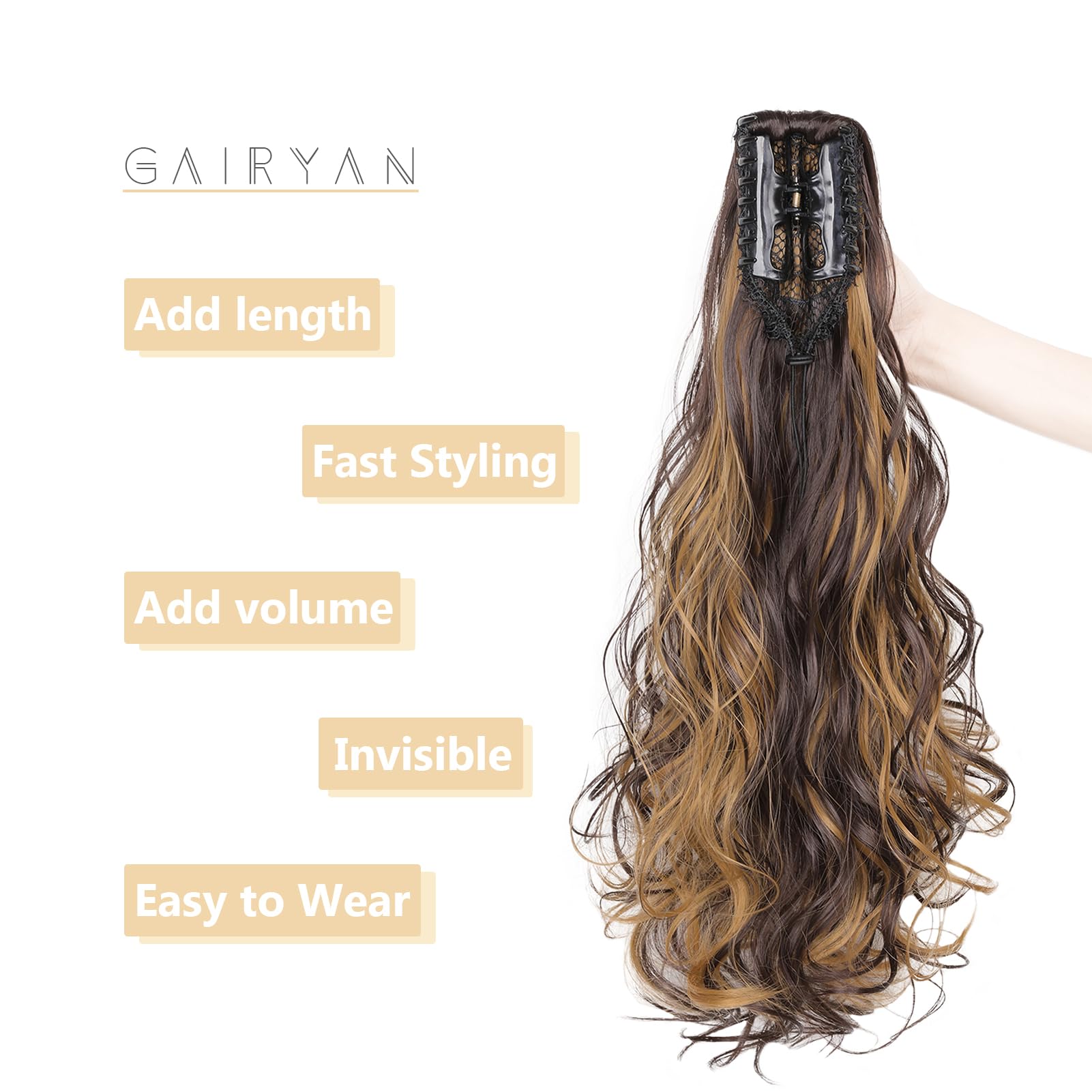 Gairyan 20inch Ponytail Extension Clip in Ponytail Hair Extensions Curly Wavy Pony Tails Claw on Ponytail Long Wave Synthetic Hairpieces for Women Soft Real Look (Medium Brown & Dark Blonde) - Image 4