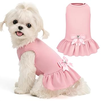 WOYYHO Small Dog Dress with Bowknot, Cute Princess Sleeveless Puppy Dress, Dog Sling Ruffled Skirt Pet Dress Summer Pet Clothes for Puppy Small Dogs Girl Cats Chihuahua Yorkie PomeranianS, Pink