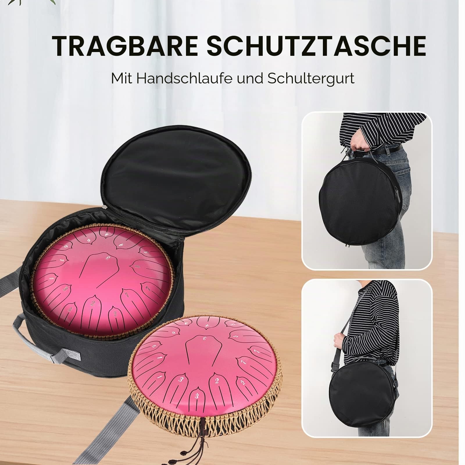 Musfunny Zungentrommel Handpan Steel Tongue Drum: 12 Zoll 15 Tone Stahlzungentrommel D-Dur Handpan Instrument mit Musikbuch Tragetasche für Geburtstagsgeschenk Meditation Yoga (Rosa)